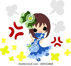 A cute girl in anger and a ribbon of yellow flowers
