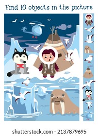 Cute girl and animals of North. Find 10 objects. Game for children. Сute cartoon character. Vector illustration. 