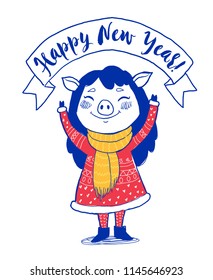 Cute girl anthropomorphic pig character. Hand drawn Vector illustration. Happy New Year 2019, greeting card