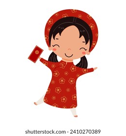 Muchacha linda en ao dai, sosteniendo la ilustración del personaje del sobre rojo. Dibujo manual de ilustración vectorial. Diseño de estilo plano. Tarjeta vietnamita de vacaciones Año Nuevo Tet, afiche, elemento de pancarta