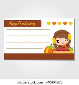 Cute girl with apple pie cake and pumpkin vector cartoon illustration for thanksgiving's day card design, wallpaper and greeting card 