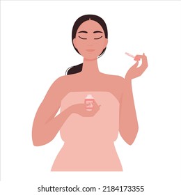 Cute girl applies serum as a part of skin care routine. Holding beauty product in one hand and ready to put on treatment with the other. Vector illustration isolated on white background. 
