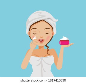 Cute girl is Apply a nourishing cream to the face. Skin care nourishing and caring. Teenage cartoon of skin treatment. Vector illustrations isolated on a blue background.