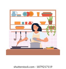 Cute girl in apron cooking. Kitchen utensils, casserole, spices and sauces, ingredients. Homemade food, dinner, cozy atmosphere. Flat cartoon vector illustration