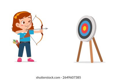 A cute girl archer with brown hair is aiming at a target on a white background illustration