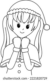 Cute girl with arms folded. Cartoon character design, outline style. Vector illustration.