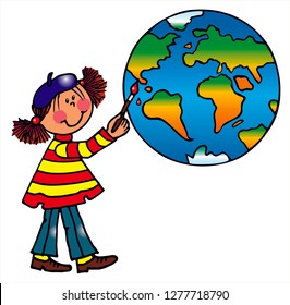 Cute girl artist is drawing the planet Earth. Colored vector for card or gift.