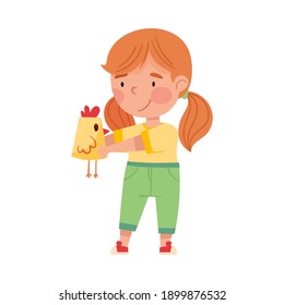 Cute Girl Artist with Handcrafted Paper Chicken Vector Illustration