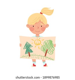 Cute Girl Artist Showing Paper with Tree Drawing Vector Illustration