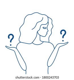 Cute girl ask yourself many questions. Contour, shapes. Hard choice, i do not know what to do. Woman has comparison, ratio, choice, contrast, hopeless. Vector illustration on white background.