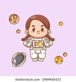 Cute girl astronaut dance in space kawaii chibi character mascot illustration outline style set