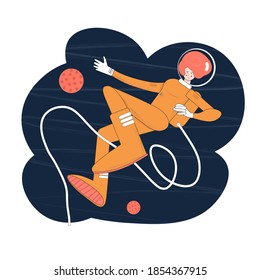 Cute girl astronaut hanging in the starry space. Cosmonaft woman in an orange spacesuit. Flat design vector illustration