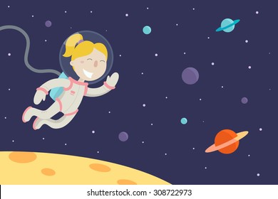 Cute girl astronaut lands on a new planet. Horizontal banner. Flat design vector illustration