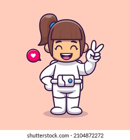 Astronauta Chica Con Icono Del Vector De Caricatura De La Mano De Paz. Vector Premium Aislado De Icono De La Ciencia De La Gente. Estilo de dibujo plano