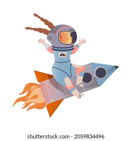 Astronauta de una chica linda con traje espacial que vuela sobre un cohete espacial. El elemento de diseño se puede utilizar para la impresión infantil, libros, pegatinas, carteles e ilustraciones vectoriales