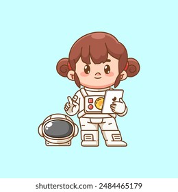 Cute girl astronaut with tablet kawaii chibi character mascot illustration outline style set