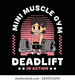 A Cute girl athlete deadlifting a heavy barbell for fitness and muscle building in a retro cartoon character mascot illustration