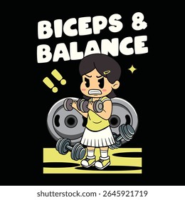 A Cute girl athlete lifting a heavy dumbbell for fitness and muscle building in a retro cartoon character mascot illustration