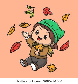 Cute Girl In Autumn Cartoon Vector Icon Illustration. People Nature Icon Concept Isolated Premium Vector. Flat Cartoon Style