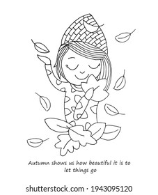 Cute girl with autumn falling leaves. Vector illustration. 