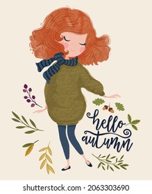 Cute girl with autumn leaves, vector illustration.