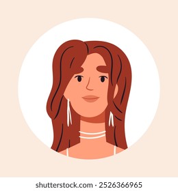 Avatar de menina bonito. Rosto de mulher impressionante, belo retrato de menina, ilustração vetor plana jovem senhora. Retrato de personagem feminino