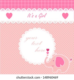 Cute girl baby   elephant announcement card.