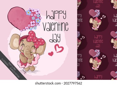 Cute girl baby elephant happy valentine day seamless pattern: can be used for cards, invitations, baby shower, posters; with white isolated background
