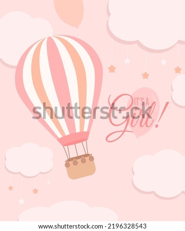 Cute it's a girl baby shower card with a hot air balloon and clouds with a stars on the pastel pink background