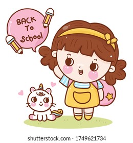 Cute girl back to school kids student and unicorn cat cartoon (Kawaii vector): Happy children friend with school elements. illustration perfect for sale banner, poster, flat design colorful.