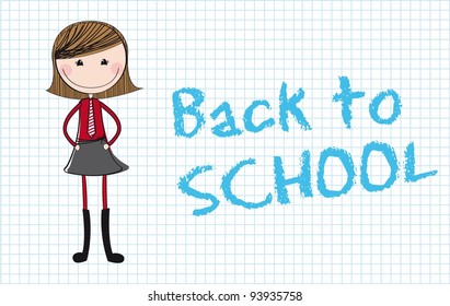 cute girl with back to school text over notebook. vector