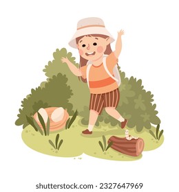 Cute Girl with Backpack Hiking Finding Eggs in Nest Vector Illustration