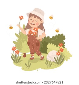 Cute Girl with Backpack Hiking Picking Flowers Vector Illustration