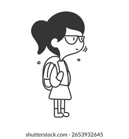 menina bonito com mochila e balão bolha em desenho animado doodle