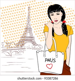 cute girl with bag in paris. vector