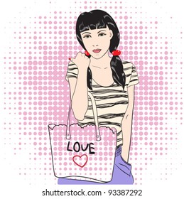 cute girl with bag. vector illustrator