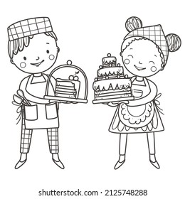 Cute girl baker with a cake and boy baker with a piece of cake. Coloring page, coloring book baking. Outline vector illustration. Black and white hand drawing.