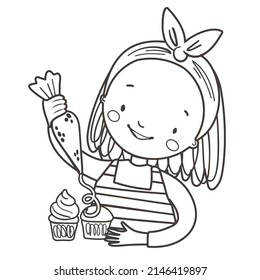 Cute girl baker decorates cupcakes. Coloring page, coloring book baking. Contour vector illustration. Black and white hand drawing.