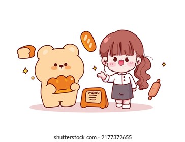 Cute girl baker and teddy bear with bread shop element hand drawn cartoon illustration