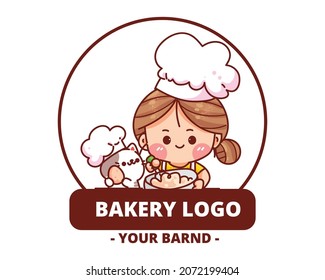 Cute girl bakery logo homemade bakery shop hand drawn cartoon art illustration
