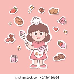 Cute girl baking character and baking related elements. Hand drawn vector illustration EPS10