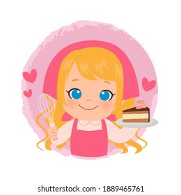 Cute Girl Baking A Chocolate Cake For Valentine's Day.  Blonde Female Chef Bakery Logo. Flat Vector Design.