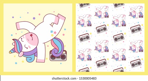 Cute Girl Ballerina dance blue custom on the cloud with seamless pattern vector Illustration