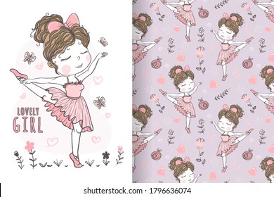 cute girl ballerina hand drawn illustration and pattern