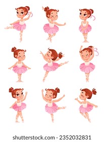 Cute Girl Ballerina in Tutu Skirt and Pointe Shoes Dancing Ballet Vector Set