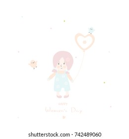 Cute girl with balloon on white background. Happy Women's day card with girl.