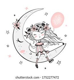 Cute girl with a balloon sitting on the moon. Vector.