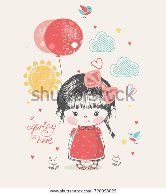 Balloon Handで描いたかわいい女の子のベクターイラスト は 子どもや赤ちゃんのシャツのデザイン ファッションプリントデザイン ファッショングラフィック Tシャツ 子どもの服に使用できます のベクター画像素材 ロイヤリティフリー
