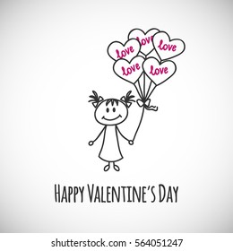 Cute girl with balloons (cartoon doodle).  Happy Valentine's day card