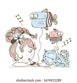 A cute girl with balloons in the form of fish fell asleep with a cat. Vector.